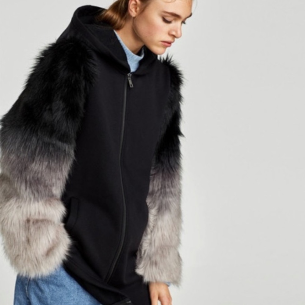 NWOT! Zara black zip front hoodie with ombré faux fur sleeves - womens size S